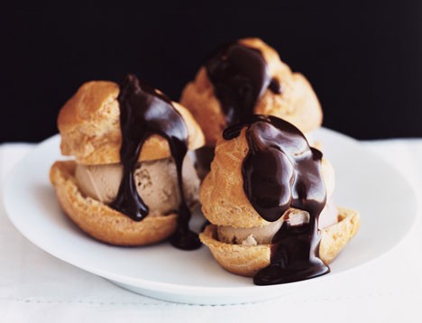 Profiteroles with coffee ice cream and chocolate sauce