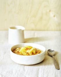 Proper Scottish porridge with stewed apples, honey & linseeds