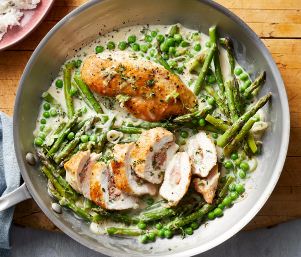 Prosciutto & Fontina stuffed chicken with spring vegetables
