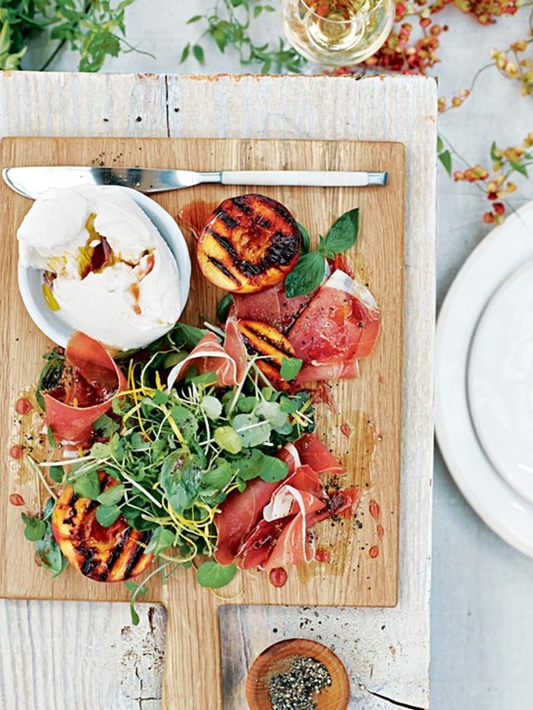 Prosciutto and caramelised peach salad with buffalo mozzarella