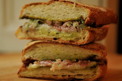 Prosciutto and Fontina panini with arugula pesto 
