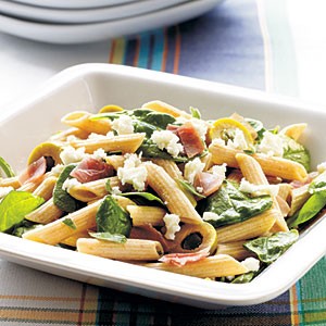 Prosciutto and spicy green olive pasta salad