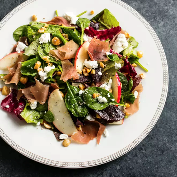 Prosciutto, apple, and goat cheese salad with fig vinaigrette