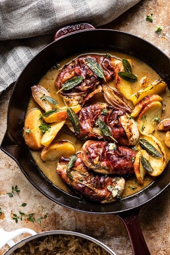 Prosciutto apple and sage butter chicken with cider pan sauce