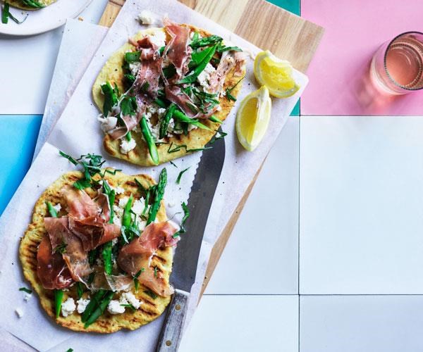 Prosciutto, asparagus and ricotta on grilled flatbreads