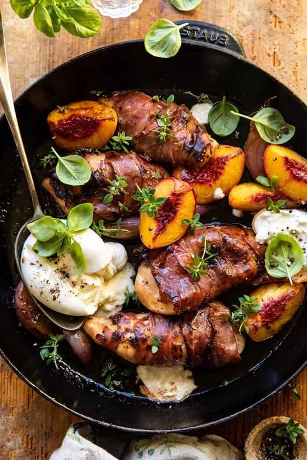 Prosciutto balsamic peach chicken with burrata and basil
