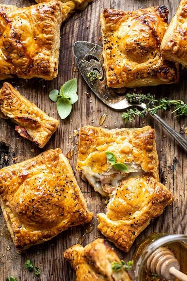 Prosciutto Caprese puff pastry with peppery thyme honey