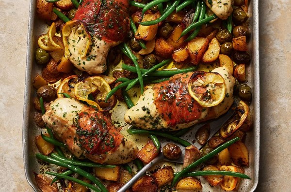 Prosciutto chicken & potato traybake with olives and lemons