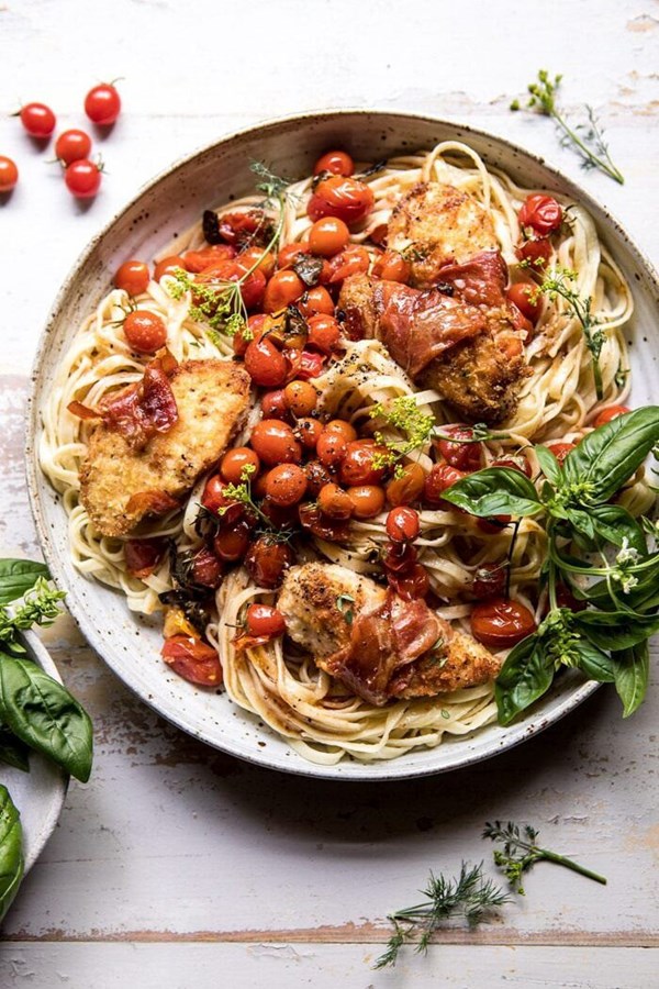 Prosciutto chicken Parmesan with garlic butter tomato pasta