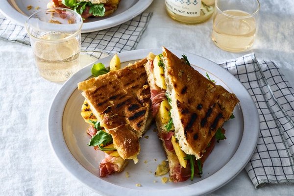 Prosciutto, nectarine and Fontina panini on rosemary focaccia