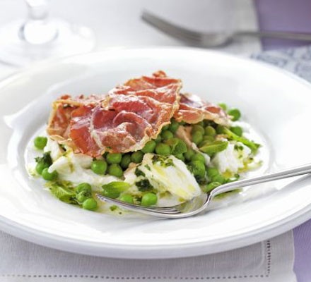 Prosciutto, pea and mozzarella with mint vinaigrette