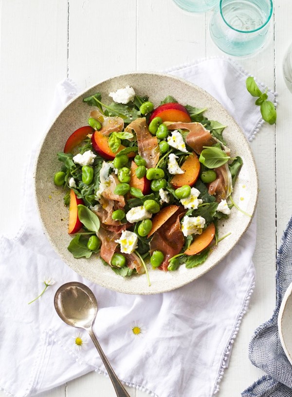 Prosciutto, plum, broadbean, goat feta and baby kale salad