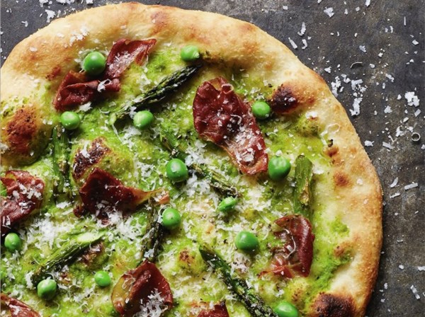 Prosciutto, roasted asparagus, and fresh peas with Parmesan