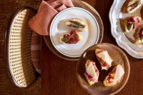 Prosciutto, roasted peach and pecorino crostini