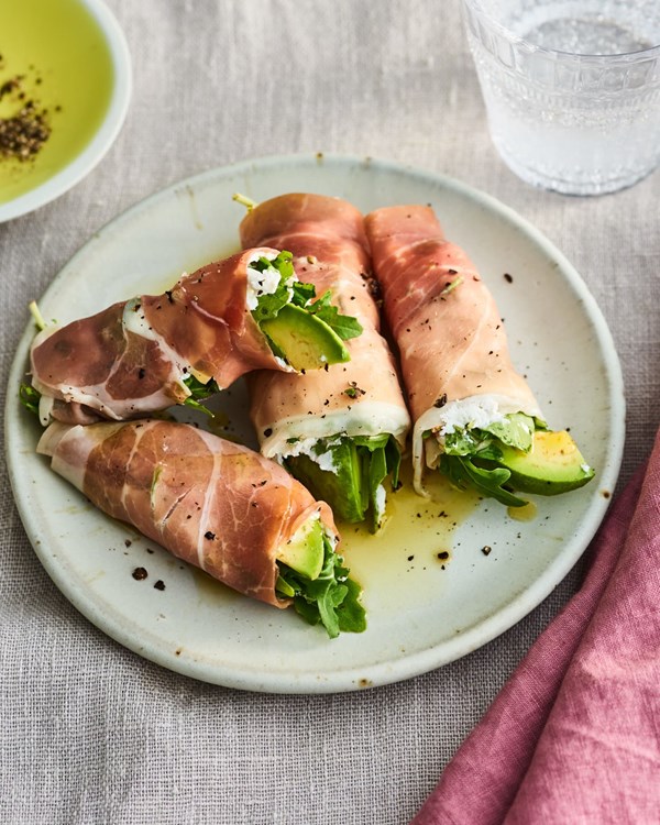 Prosciutto-wrapped avocado with goat cheese and arugula
