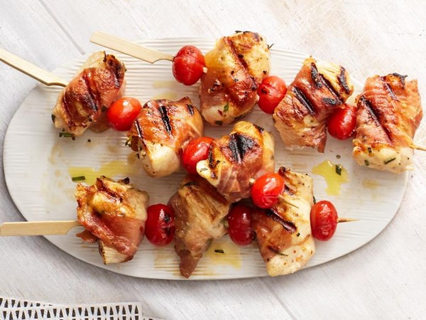 Prosciutto-wrapped chicken kebabs