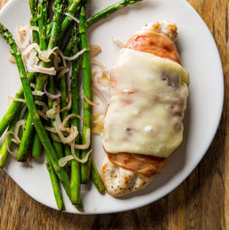 Prosciutto-wrapped chicken with asparagus