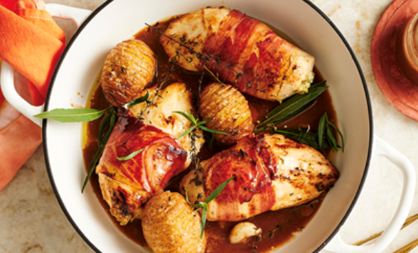 Prosciutto-wrapped chicken with fig and goat's cheese stuffing