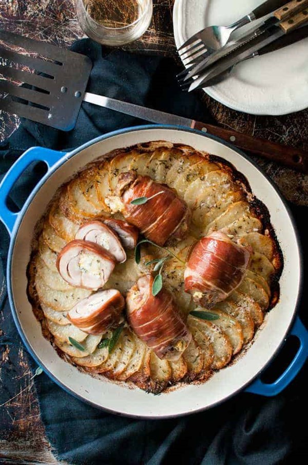 Prosciutto wrapped chicken with scalloped potatoes 