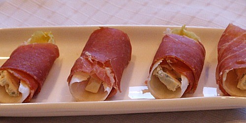 Prosciutto-wrapped endive with blue cheese and pear