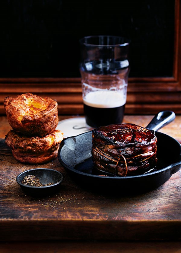 Prosciutto-wrapped eye fillet steaks with ale jus