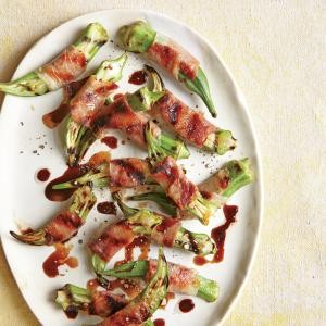 Prosciutto-wrapped grilled okra