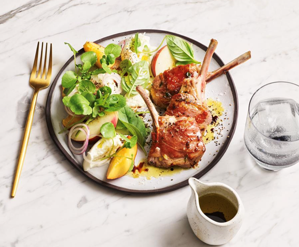 Prosciutto-wrapped lamb with peach and mozzarella