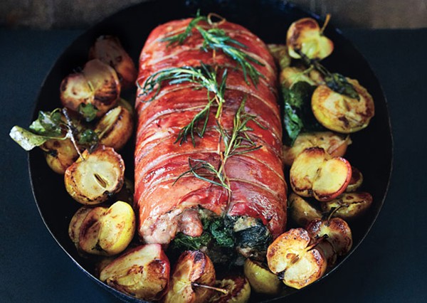 Prosciutto-wrapped pork loin with roasted apples