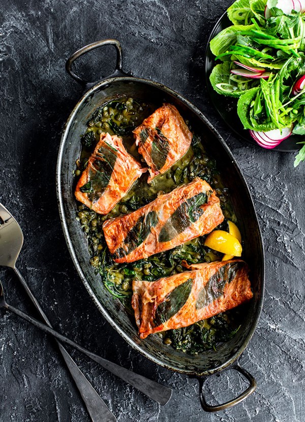 Prosciutto wrapped salmon with sage and capers