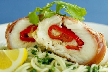 Prosciutto-wrapped tarakihi with rocket pasta