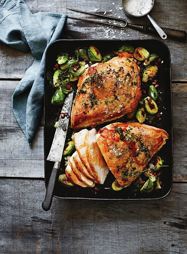 Prosecco-brined turkey breast with Brussels sprouts and speck