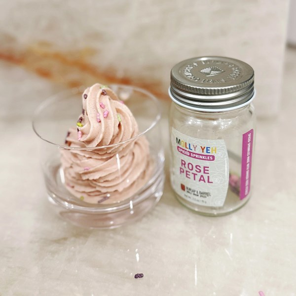 Protein strawberry soft serve with spiced sprinkles