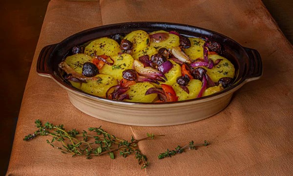 Provençal potato gratin with olives and lemon thyme