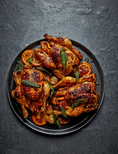 Provençal poussins with Épices Rabelais, shallots and dates