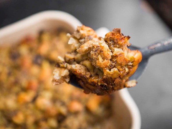 Prune and apple stuffing with sausage and chestnuts