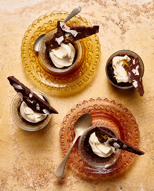 Prune and armagnac fool, chocolate bark