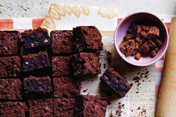 Prune and mixed chocolate brownie with biscuit crumb