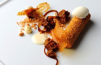 Prune and Tokaji parfait, prune cake, Tokaji jelly, white chocolate ganache and mascarpone ice cream