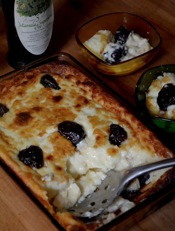 Prune, Marsala and custard pudding