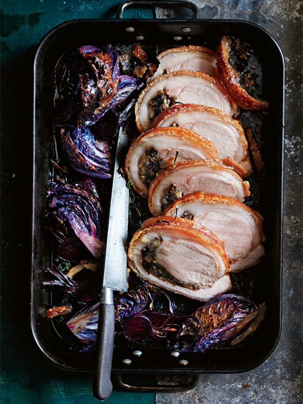 Prune-stuffed crispy pork with roasted red cabbage