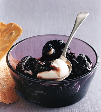 Prunes in wine with toasted-almond cookies