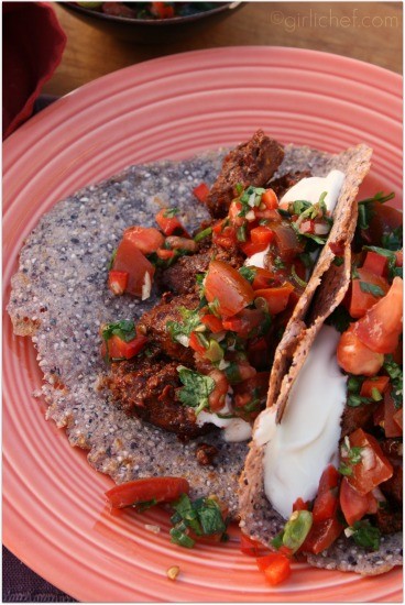Pueblo chile-bathed pork and blue corn tortillas (Pueblo carne adobado)