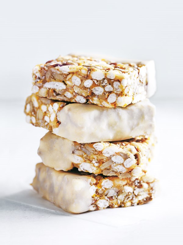 Puffed brown rice and sunflower seed bars with cashew butter