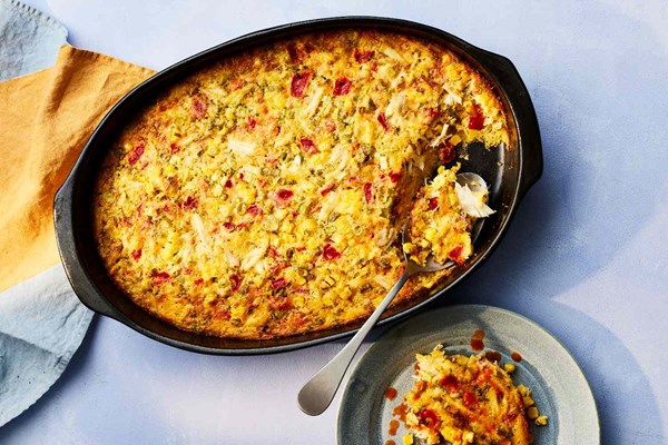 Puffy spoonbread with corn, crab, and roasted red peppers