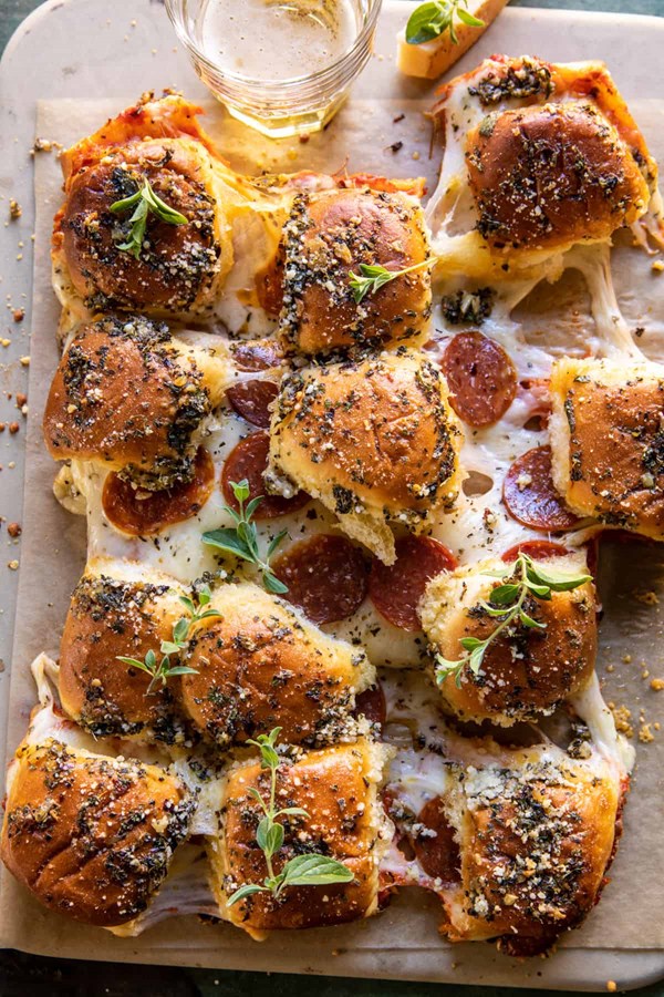 Pull apart roasted garlic butter pizza dip sliders