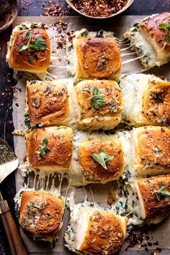 Pull apart roasted garlic spinach and artichoke dip sliders