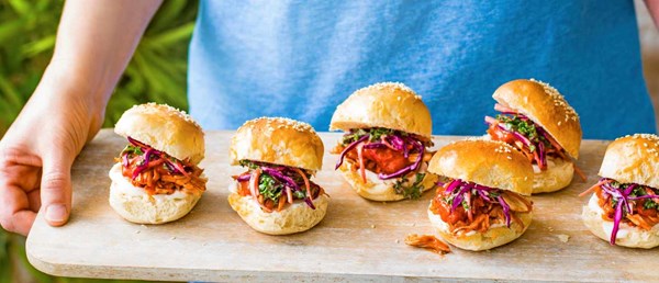 Pulled BBQ jackfruit sliders with mustard slaw