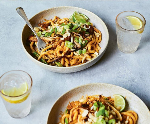 Pulled crispy mushroom udon noodles
