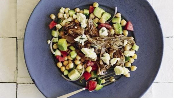 Pulled lamb shoulder with chickpea salad and marinated sheep's feta