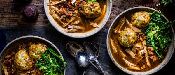 Pulled pheasant broth with sage and horseradish dumplings